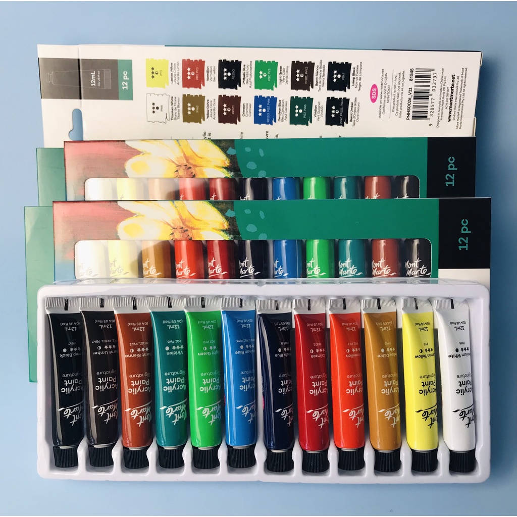 Bộ 12 Màu Acrylic Mont Marte x 12ml - Acrylic Paints Signature - Bộ tiết kiệm
