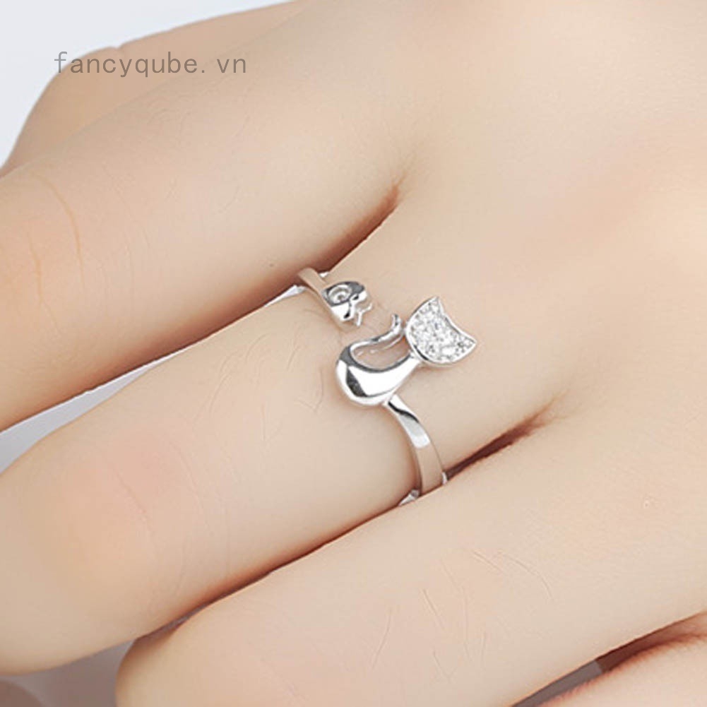 Nhẫn đeo tay kim loại tạo hình mèo con đính đá dễ thương cho nữ