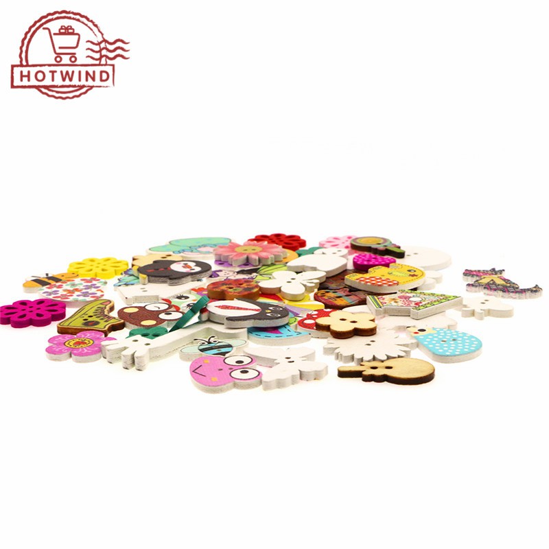 Set 50 nút gỗ 2 lỗ hình động vật hoạt hình dễ thương dùng làm đồ thủ công