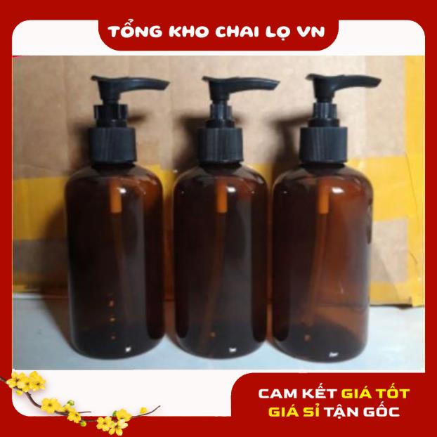 Chai Chiết Mĩ Phẩm ❤ SIÊU RẺ ❤ Chai nhựa pet nâu đất vòi nhấn 250ml lùn mỹ phẩm , phụ kiện du lịch