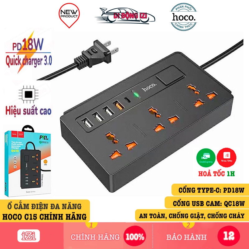 ❧Ổ Cắm Điện Đa Năng Hoco DC15 - Sạc nhanh PD18W, QC18W Hỗ Trợ Cổng Type-C, AC & 4 USB Tiện Dụng [CHÍNH HÃNG]
