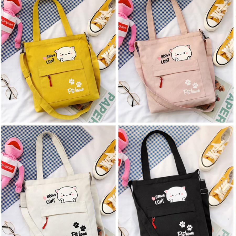 Túi vải tote đeo chéo 2 phong cách, túi đeo chéo canvas kết hợp 2 kiểu dây in chữ brown cony có khoá kéo trẻ trung