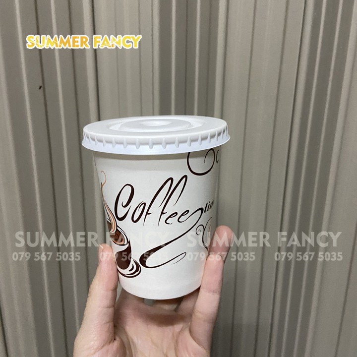 50 ly giấy 270ml ~ 9oz nắp đen phong cách Hàn Quốc Coffee time in hình, trắng trơn dùng 1 lần - Paper cup