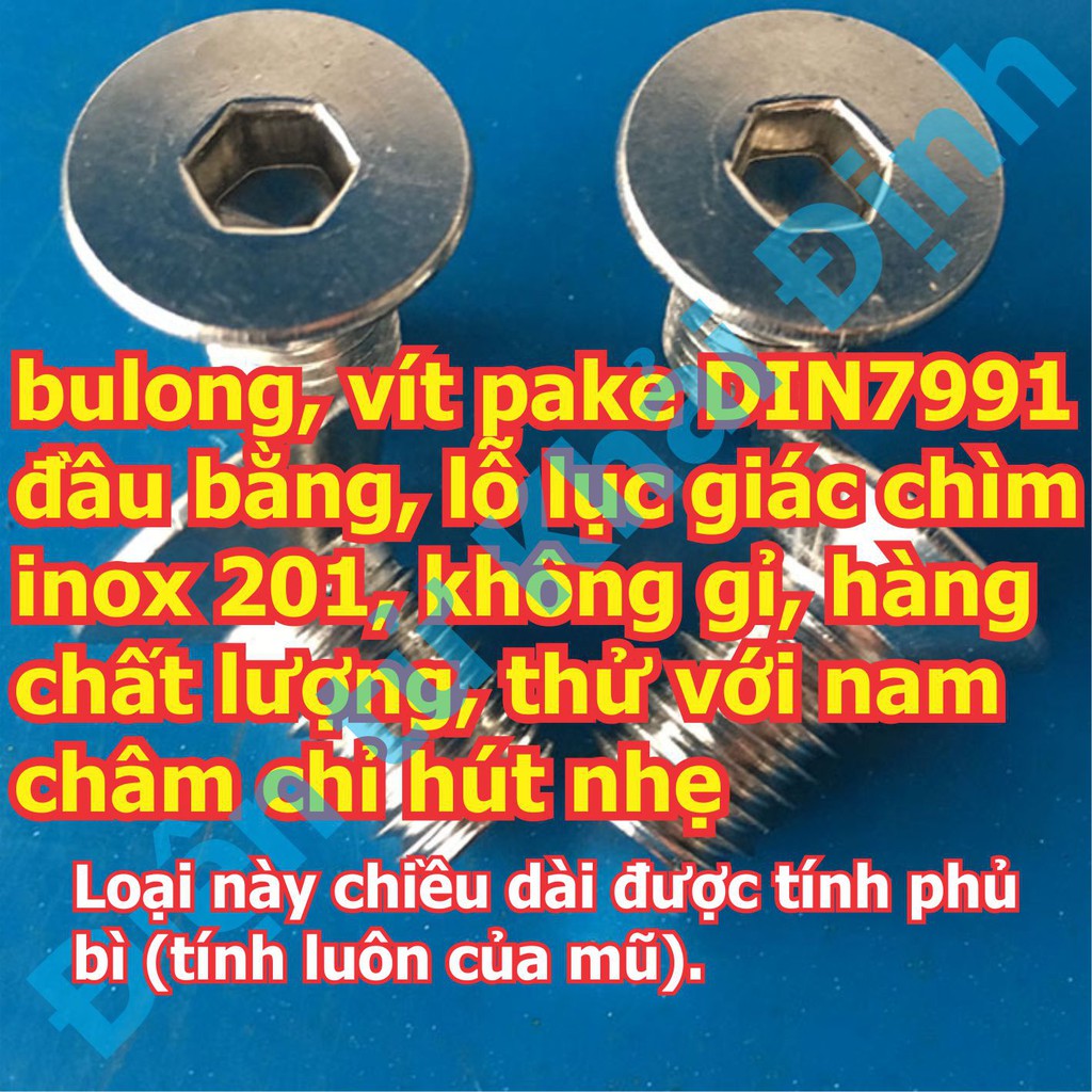 bulong bu lông vít pake DIN7991, đầu bằng, lỗ lục giác chìm inox 201 M4 các chiều dài 8mm ~ 40mm kde5743