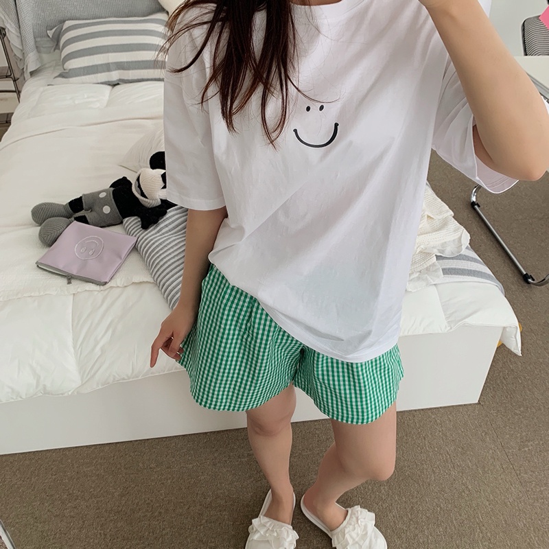 Quần short cotton ống rộng họa tiết sọc caro phong cách Hàn Quốc thời trang xuân hè cho nữ