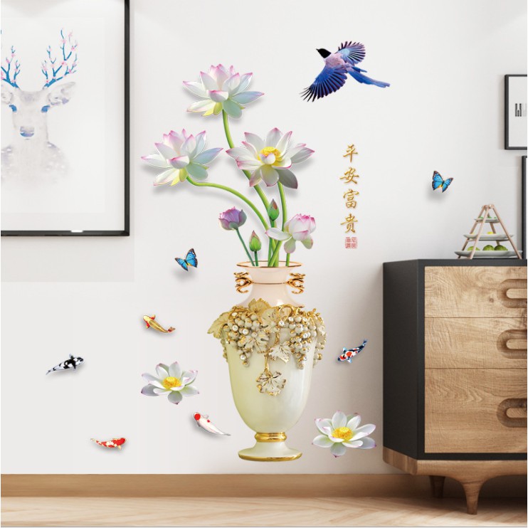 decal trandg trí   dán tường bình hoa sen cá chim