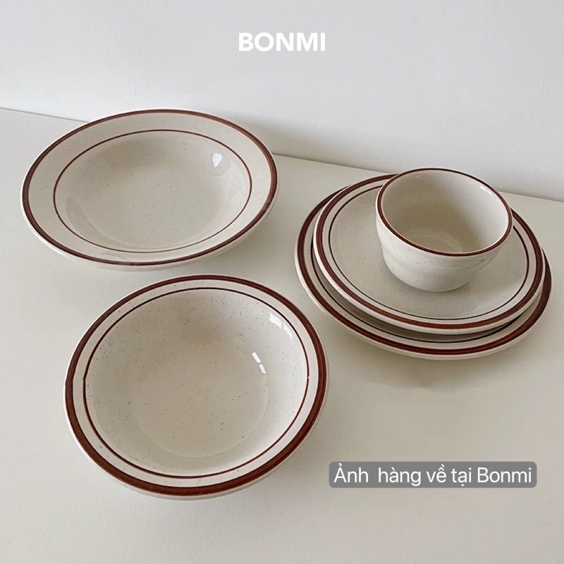 Tô sứ/ đĩa sứ chấm tiêu viền nâu BONMI decor Hàn Quốc