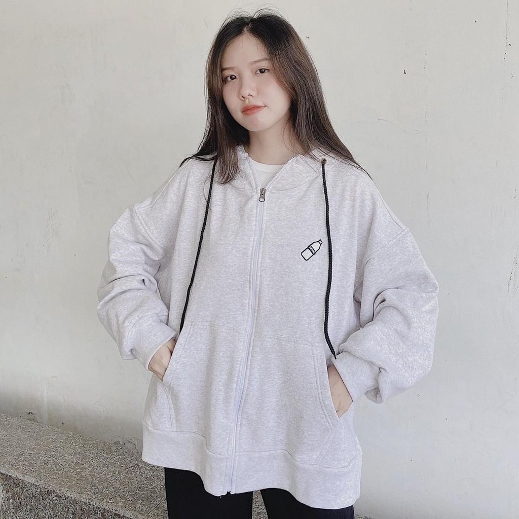 ÁO KHOÁC NỈ HÌNH CHAI NƯỚC XẺ TÀ BASIC - ÁO HOODIE MILK DÂY KÉO UNISEX THÊU BÌNH SỮA ĐEN TRẮNG XÁM