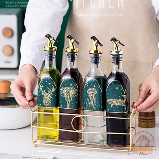 Chai đựng dầu ăn, set 4 chai thuỷ tinh thực phẩm kèm khay mạ vàng sang trọng - thủy tinh Borosilicate siêu bền