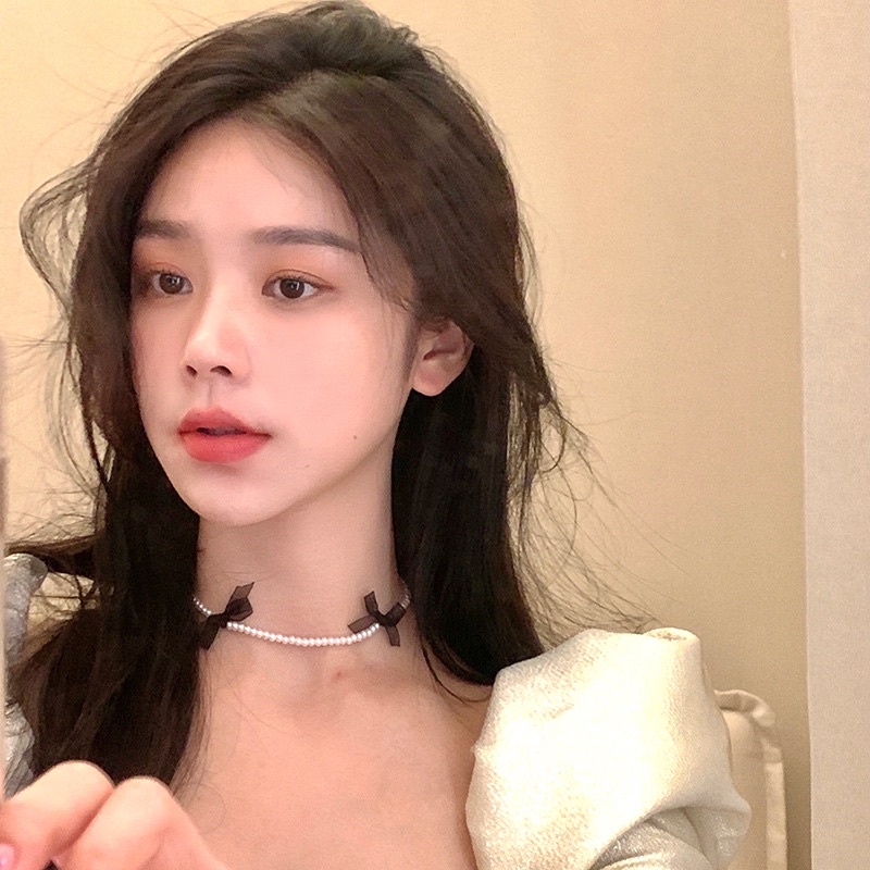 Vòng cổ hạt size nhỏ thanh lịch phối nơ, choker vintage mã RQ-88