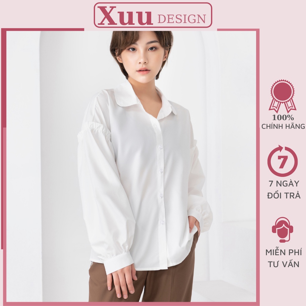 Áo sơ mi nữ tay bồng Xuu Design, Áo so mi trắng dáng rộng freesize chất vải tơ mềm SM13