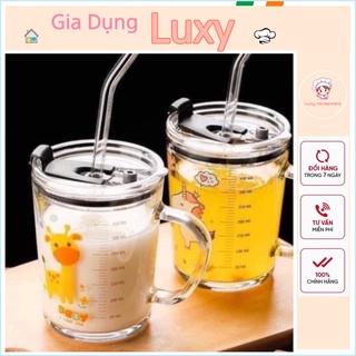 Cốc pha sữa thuỷ tinh chia vạch có nắp và ống hút cao cấp - Luxy houseware