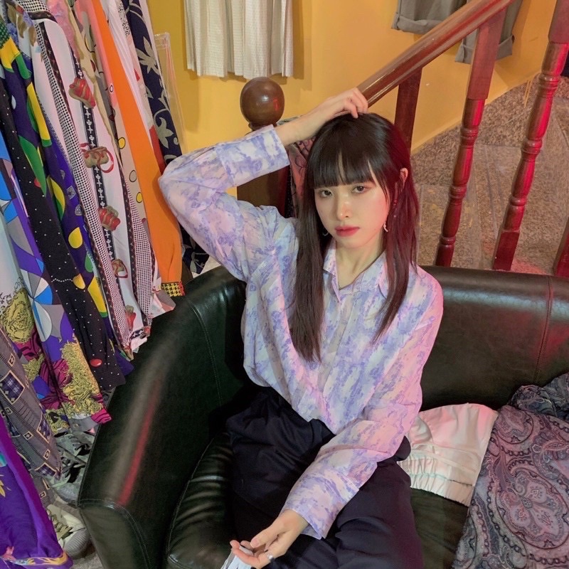 Áo Sơ Mi Loang Màu Tím Free Size 55kg Đổ Lại