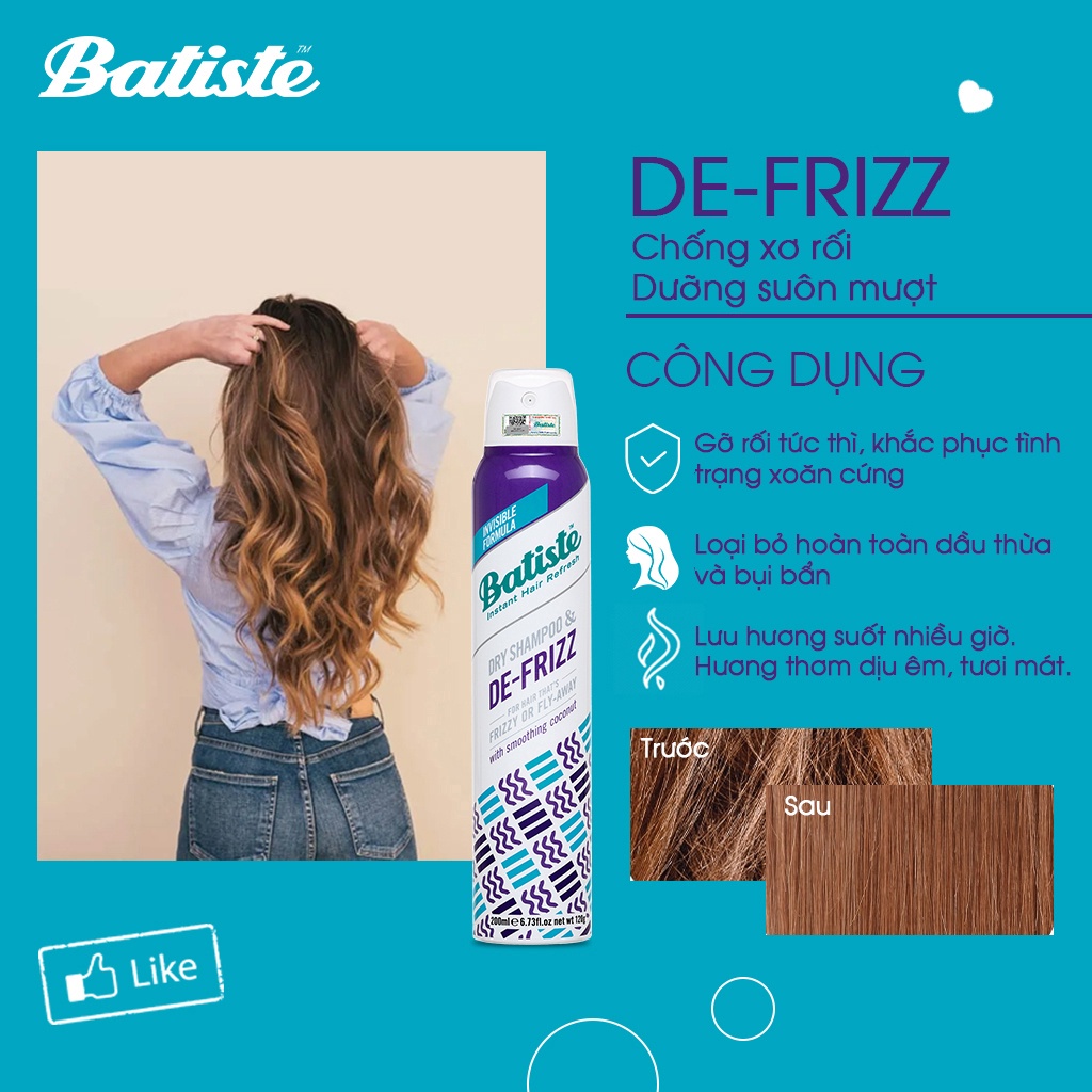 Dầu gội khô Batiste Dry Shampoo dòng chuyên sâu giải quyết mọi vấn đề về tóc 200ml