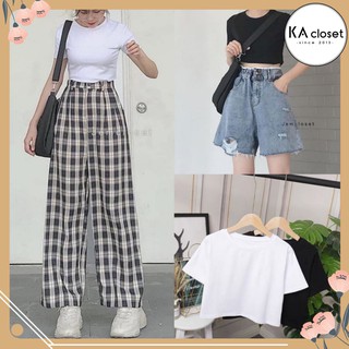 🆕 Áo croptop trơn KA Closet, chất zip cotton co dãn tốt, vải dầy, 2 màu Đen, Trắng, cổ tròn, ngắn tay