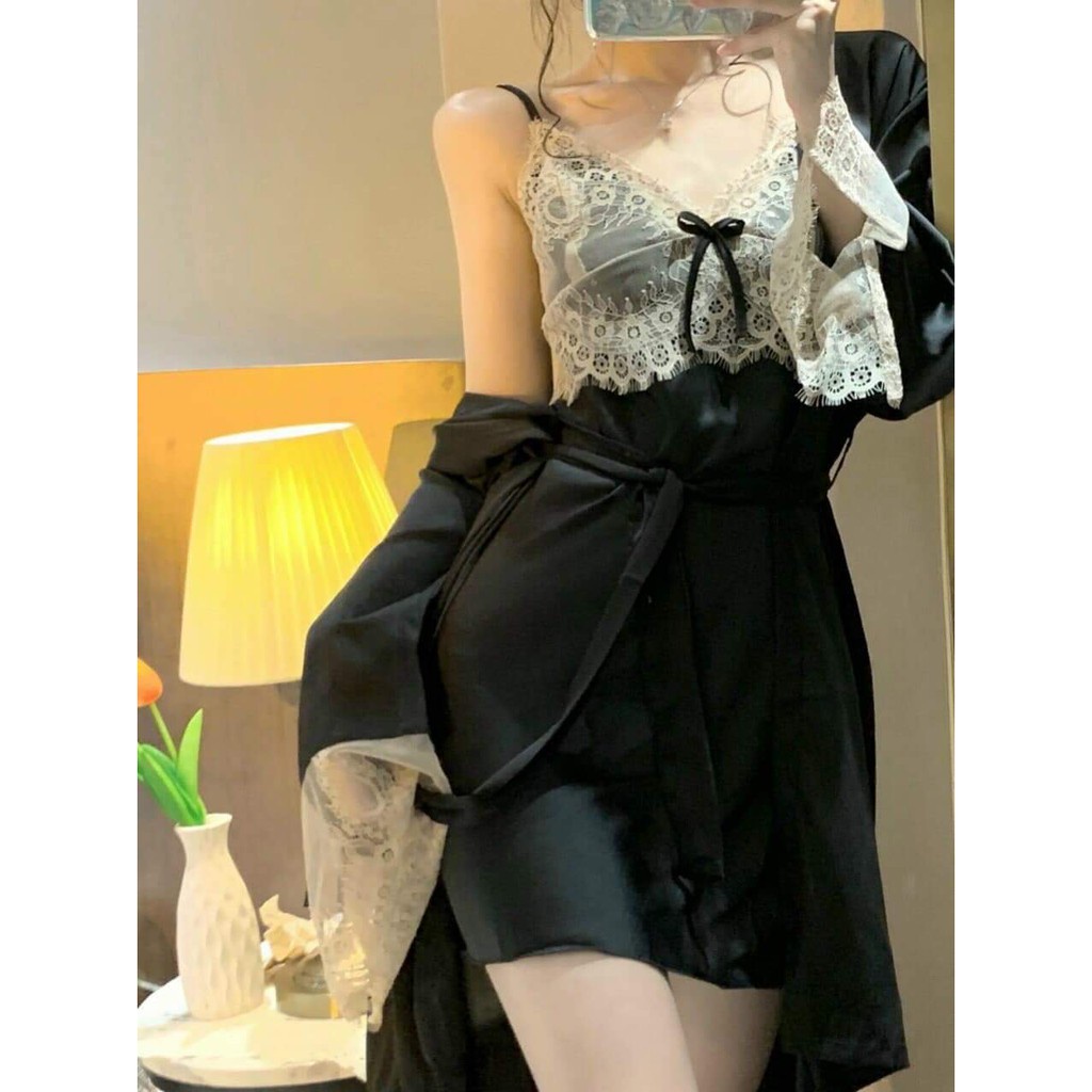 Set váy ngủ có mút ngực và áo choàng sexy cao cấp Đầm mặc nhà gợi cảm quyến rũ