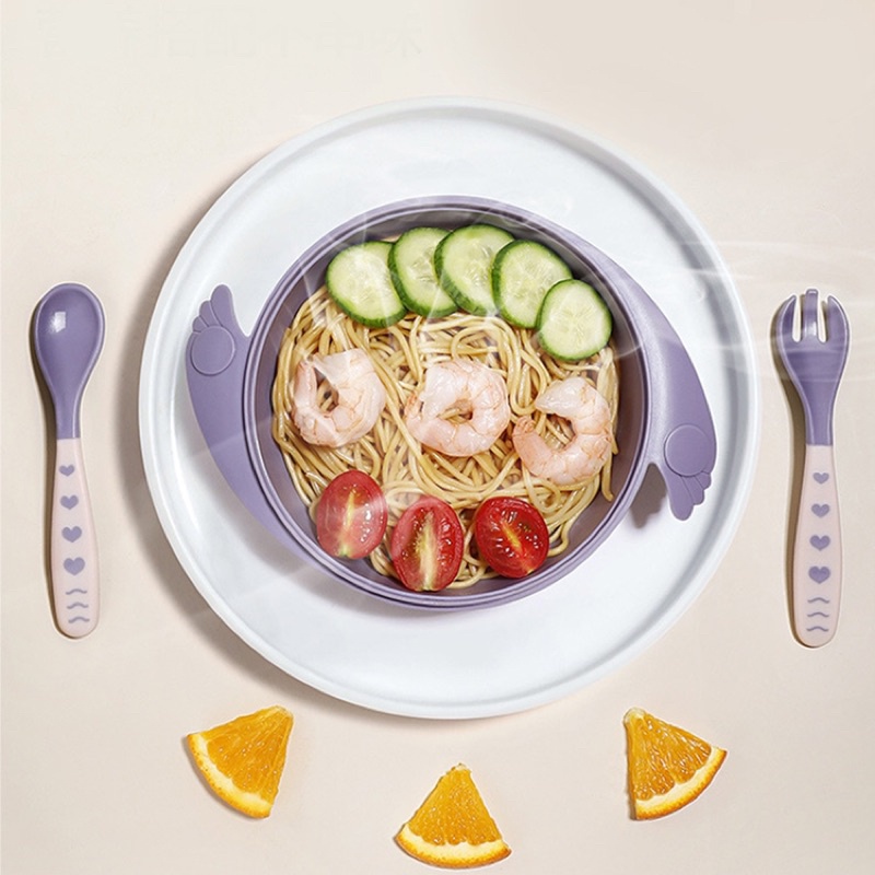 Bát ăn dặm chống đổ kèm thìa dĩa và khay 3 ngăn