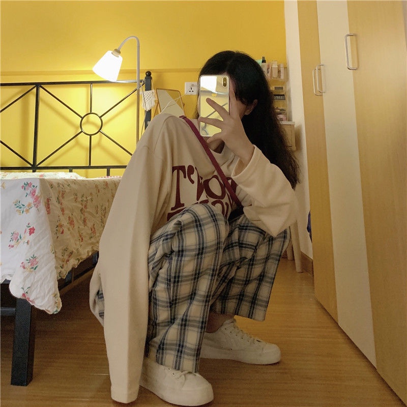 Set Áo Sweater Form Rộng Và Quần ống rộng Họa Tiết Sọc Caro Phong Cách Hàn Quốc