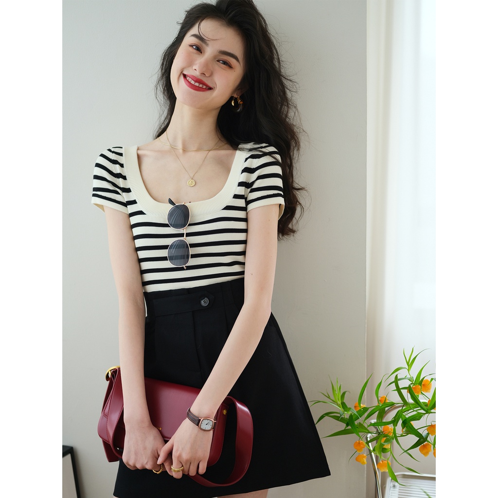 Áo thun ZHELIHANGFEI tay ngắn họa tiết sọc năng động thời trang theo phong cách retro