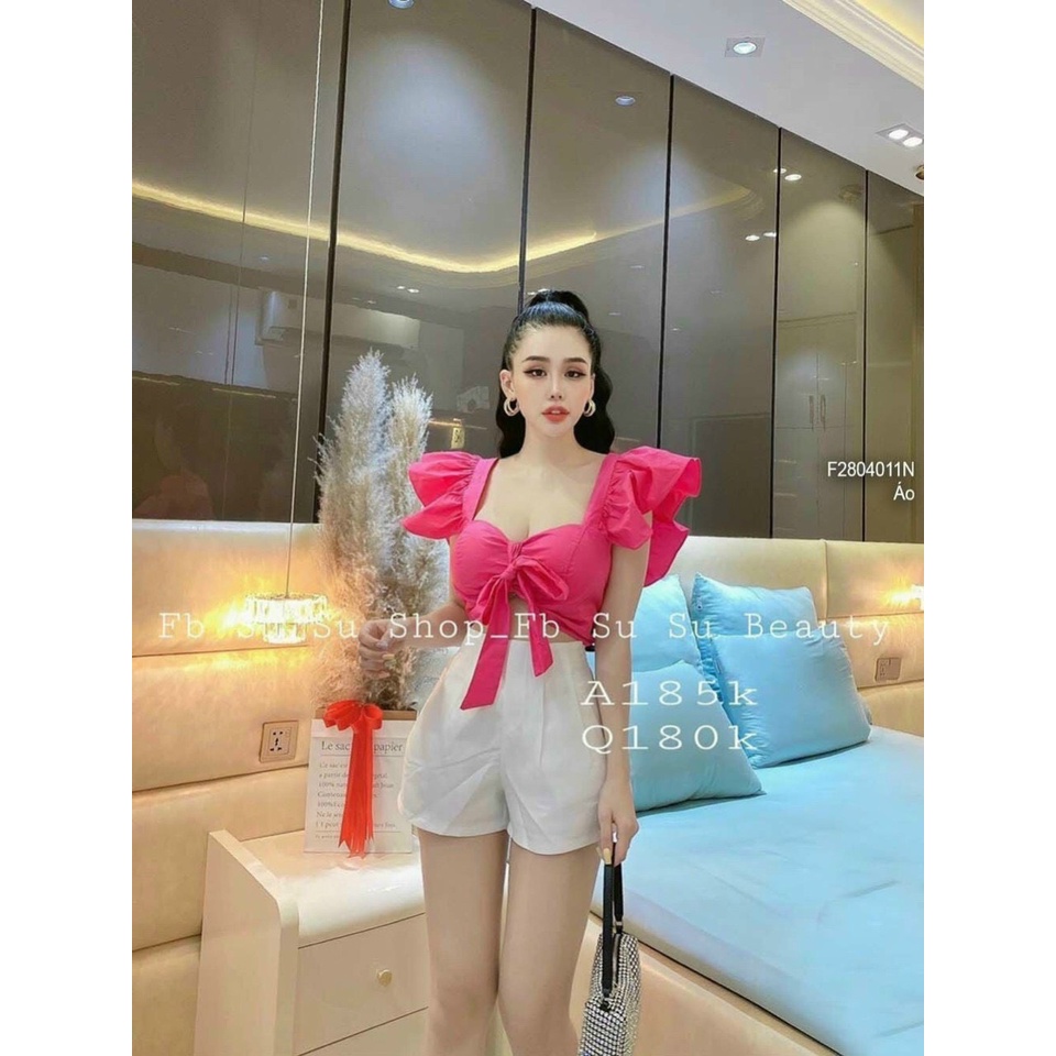 Áo kiểu croptop tay cánh tiên có mút ngực cột nơ lưng nhún cực hot . chất kate mềm mát alohashop91