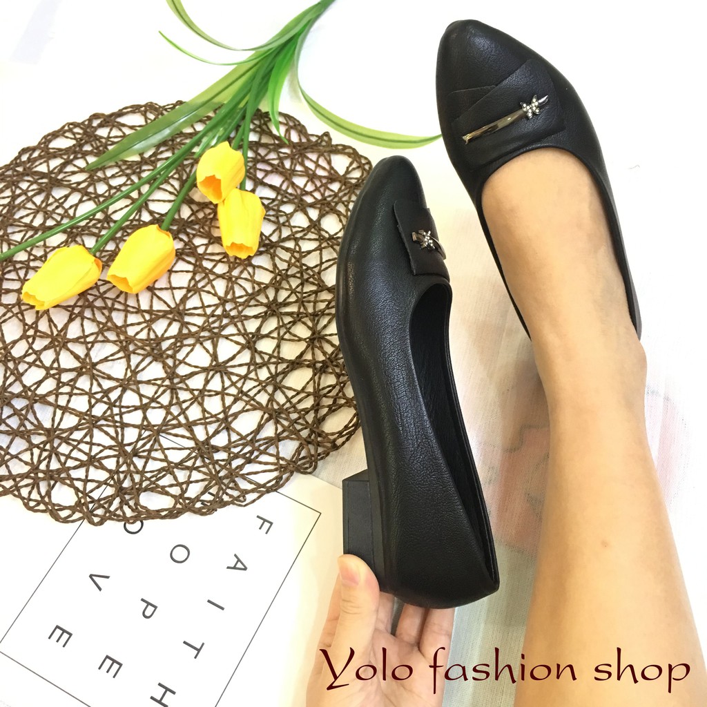 CT3 Giày búp bê nữ đế bằng mũi nhọn hàng VNXK đính nơ siêu bền, êm chân