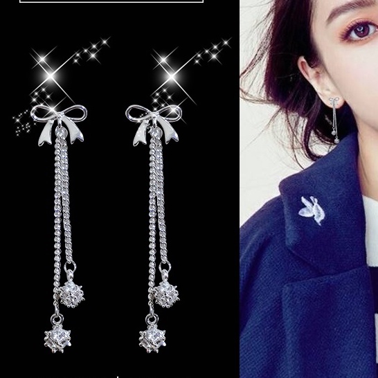 Khuyên tai JIUDUOLAN dáng dài đính nơ ruy băng dài đính đá zircon thanh lịch cho nữ