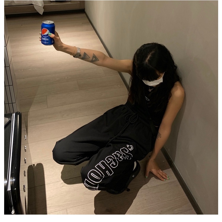 Quần thể thao cho nữ lưng cao ống rộng màu đen phong cách đường phố cổ điển