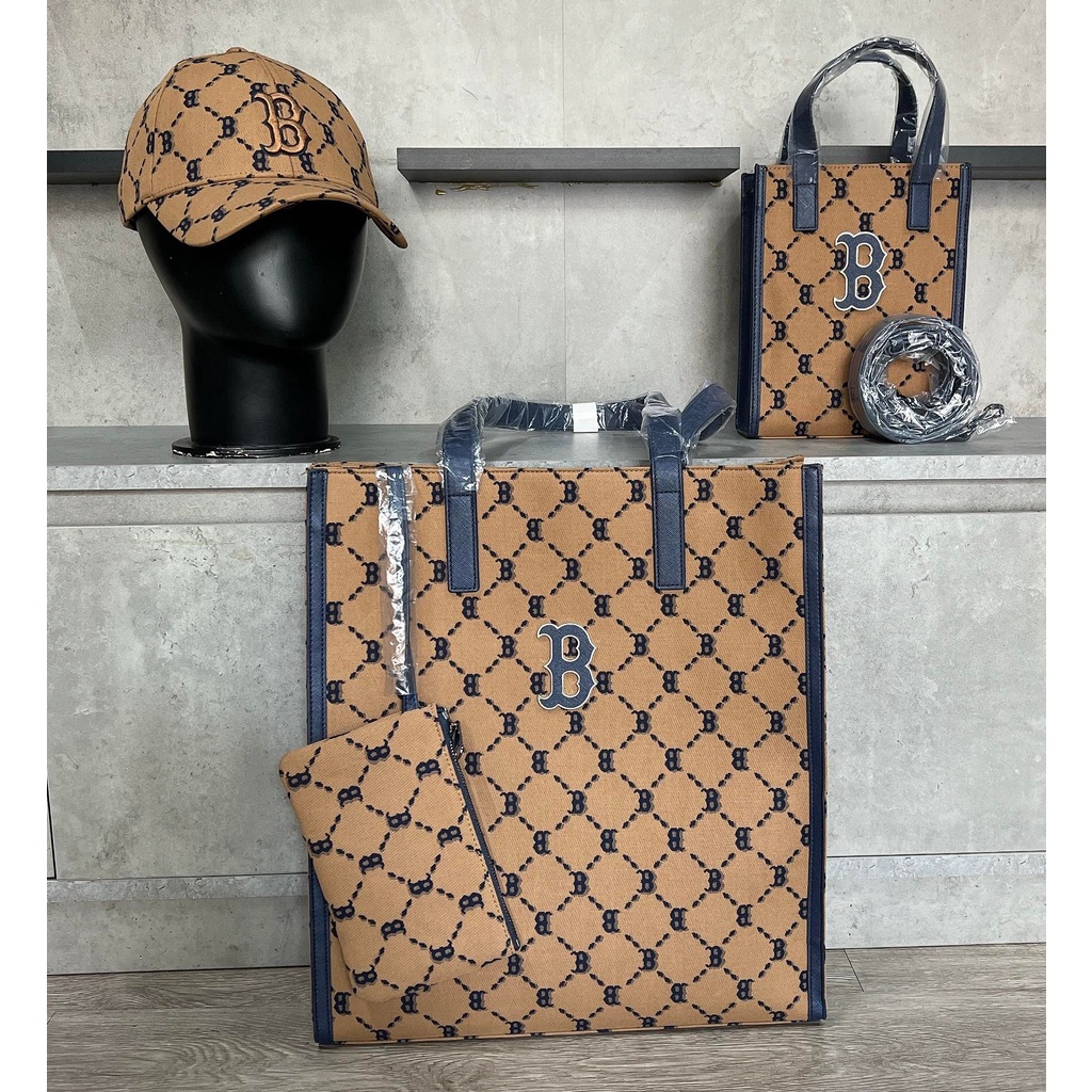 Túi MLB Diamond Monogram Jacquard Tote Boston Red Sox 3Aorm012N-43Bgd Màu Nâu viền đen logo chữ b mẫu mới