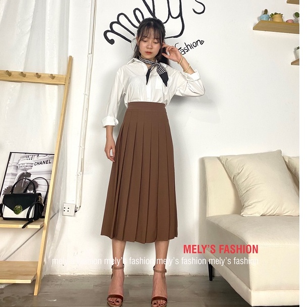Chân váy xếp ly TENNIS dáng dài xòe Midi công sở qua gối có BIGSIZE màu nâu tây chất tuyết mưa CAO CẤP CV17