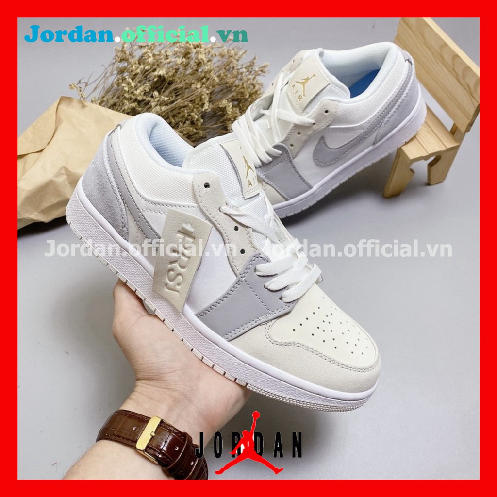 Giày Thể Thao Nam Nữ Jordan JD1 Low Paris Trắng Xám Cổ Thấp Gót Xanh Thời Trang Full Box Bill