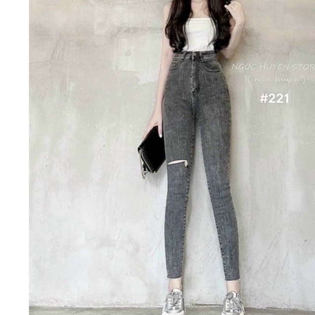 Quần TOPSHOP XÁM nữ rách đùi - Quần skinny jean ôm nữ xám HOT TREND  lưng cao quảng châu gấu tua co dãn FREESHIP