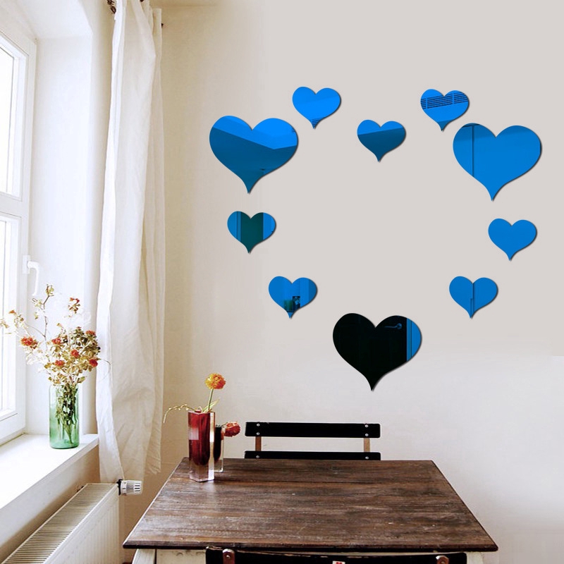 Bộ 10 miếng dán tường bằng acrylic hiệu ứng gương 3D hình trái tim tình yêu có thể gỡ ra được