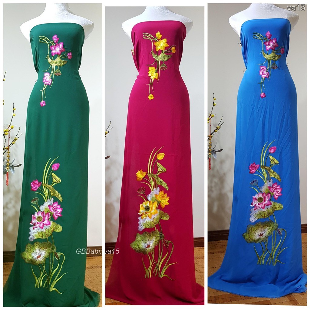Vải Áo dài Truyền thống thêu Hoa Sen chất liệu Lụa Cao Cấp - VA15