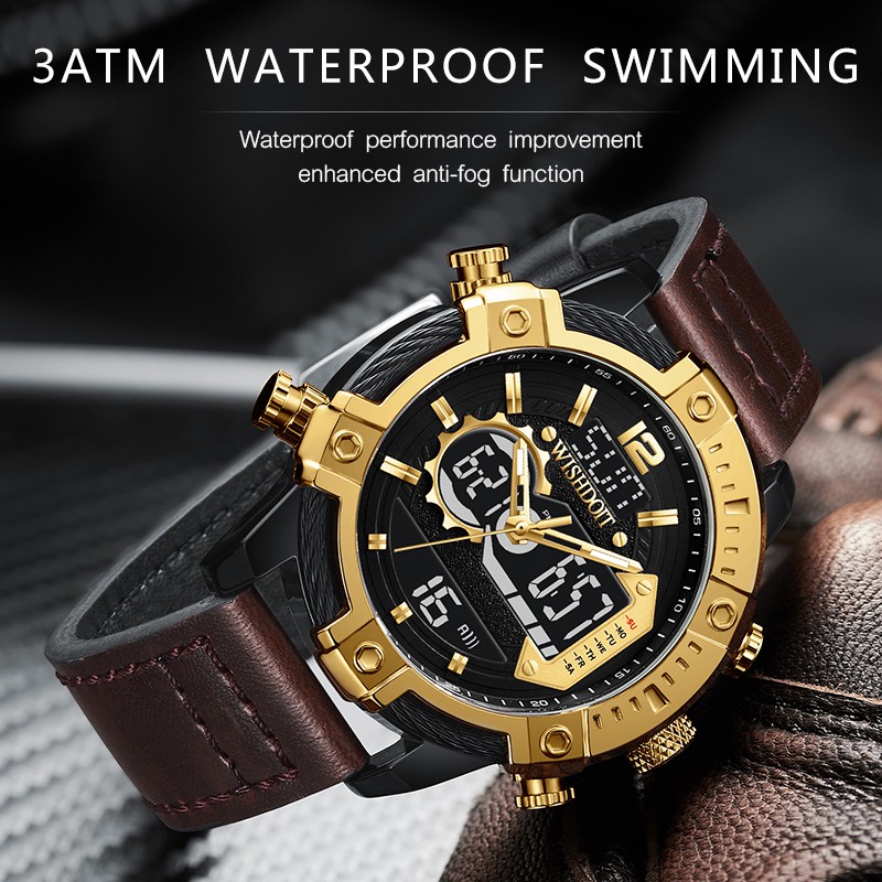 【Official product】WISHDOIT Men's Multifunction  Chronograph Dual display watch Europe and America Tough guy style Industrial style Sport swimming Quartz watches Calendar Luminous function Casual watch Personalized fashion trend watches