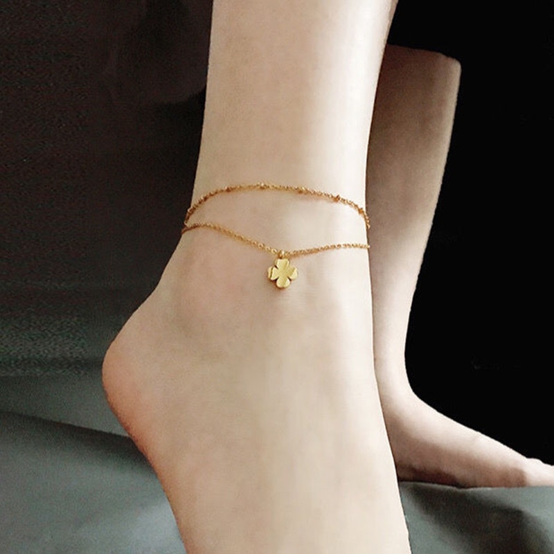 Lắc chân nữ chất liệu titan không gỉ thiết kế 2 tầng cỏ 4 lá xinh xắn phong cách hàn quốc