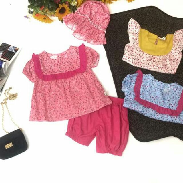 Bộ thô hoa kèm mũ 3 màu hồng,xanh,vàng 115k