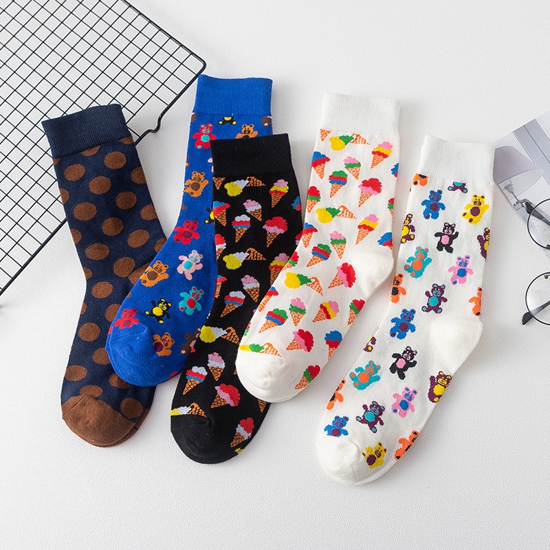 Ins Ice Cream Pattern Couple Socks New Trend Cute Cartoon Bear Print Mid-calf Length Cotton Crew Socks Women Cozy Unisex Socks