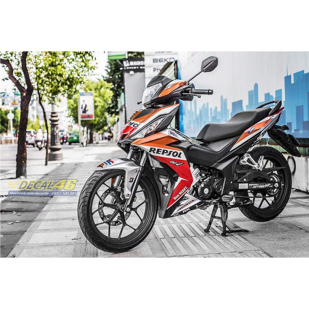 Tem xe Winner 150 thiết kế Repsol candy trắng đỏ cam đen