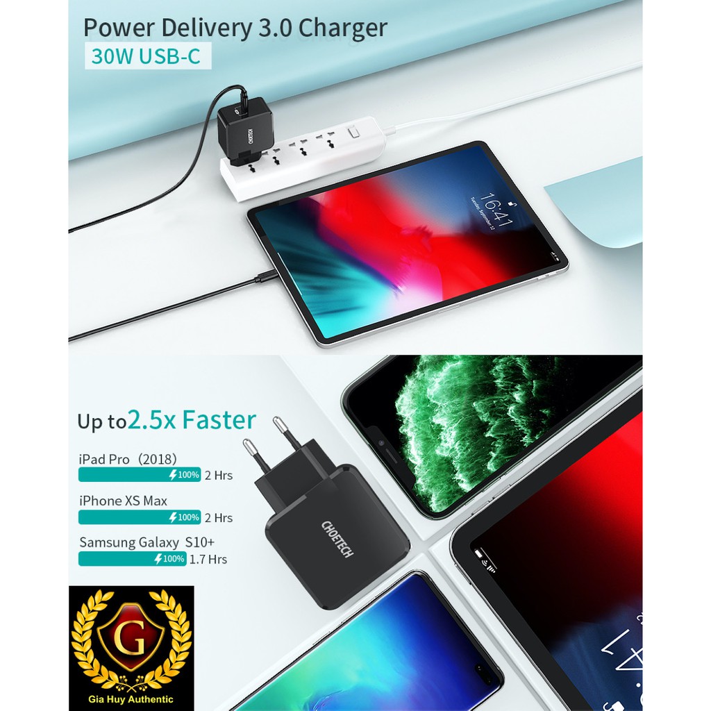 Sạc Macbook Air, iPhone, iPad Pro CHOETECH Q6005 Power Delivery 3.0 30W (tương thích cả QC 3.0)