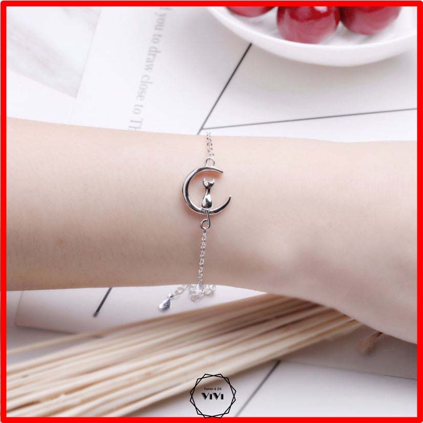 Vòng tay bạc Ý hình mèo & mặt trăng Luna – Lắc tay bạc ViVi_Gift