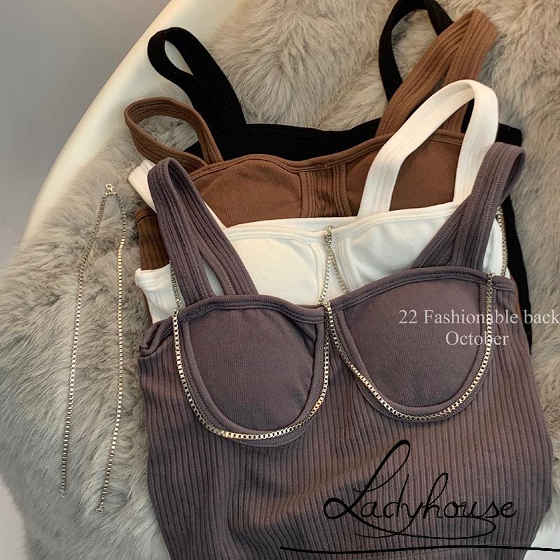 Áo Croptop Không Tay Đệm Mút Màu Trơn Có Dây Xích Kim Loại Cho Nữ