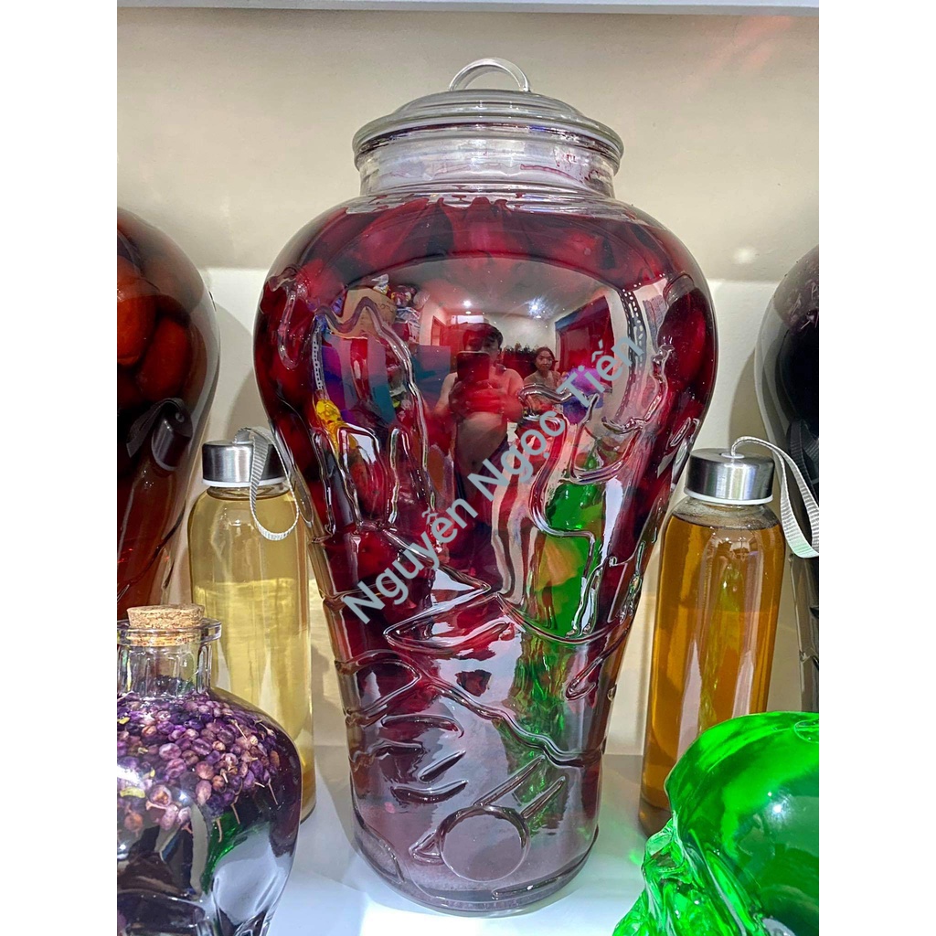 Bình thủy tinh họa tiết LẠC ĐÀ ngâm sâm, nấm, hoa quả trong veo - 10 lít