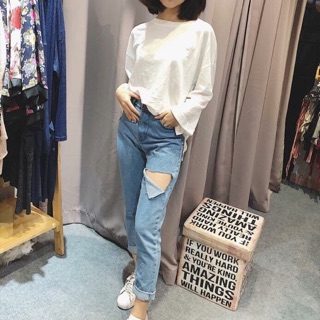 Quần Baggy Jean Nữ Rách Đùi Cá Tính