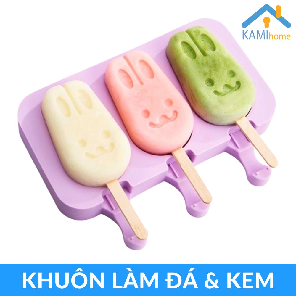 Khuôn làm kem Silicon 3 hình thú Tặng 50 que gỗ mã 20016