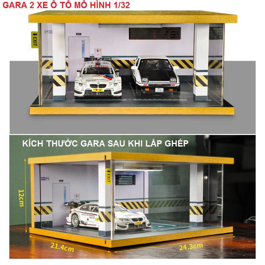 Mô hình gara để 2 xe ô tô tỉ lệ 1:32 bằng gỗ có đèn sáng