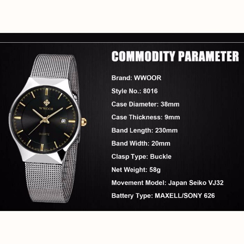ĐỒNG HỒ NAM WWOOR 8016 DÂY THÉP KHÔNG GỈ