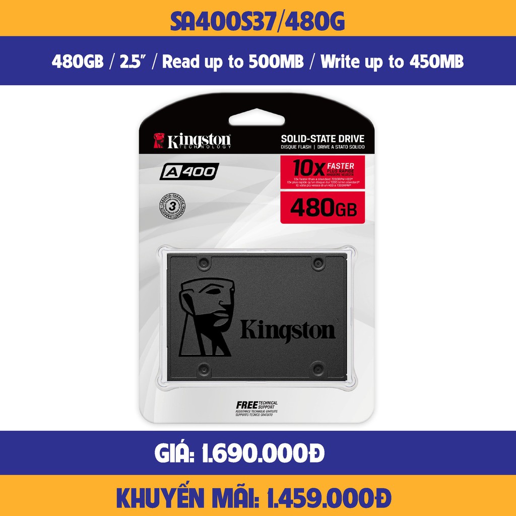 Ổ cứng SSD Kingston A400 480GB 2.5 inch SATA3 (Đọc 500MB/s - Ghi 450MB/s) - (SA400S37/480G-hàng chính hãng