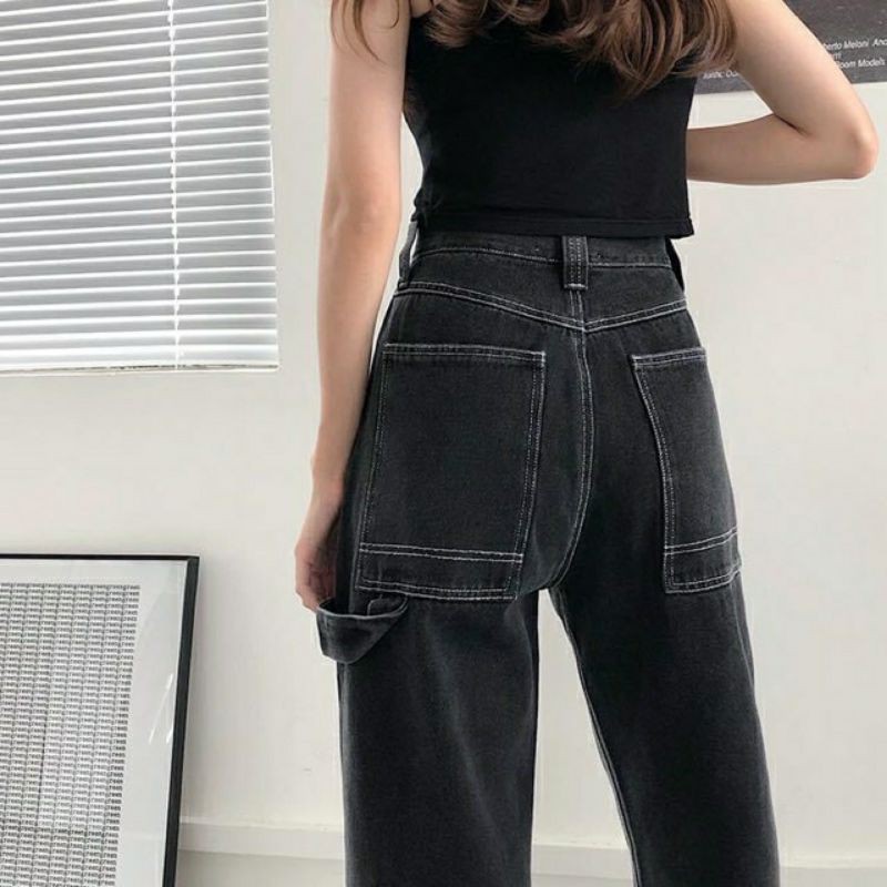 Quần jeans ống suông Đen phối dây (form Nữ)