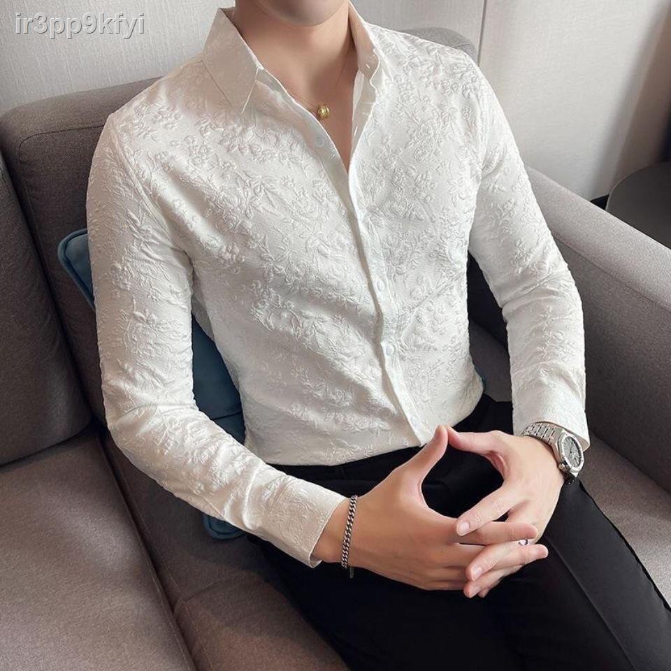 ✐Mùa thu nam giới tối màu hoa hồng in nổi áo sơ mi dài tay hợp thời trang hộp đêm đẹp trai phi sắt kinh do