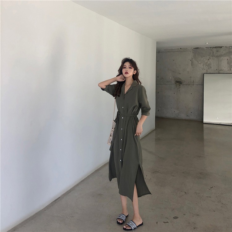 Váy sơ mi dáng dài vintage thắt eo cài khuy